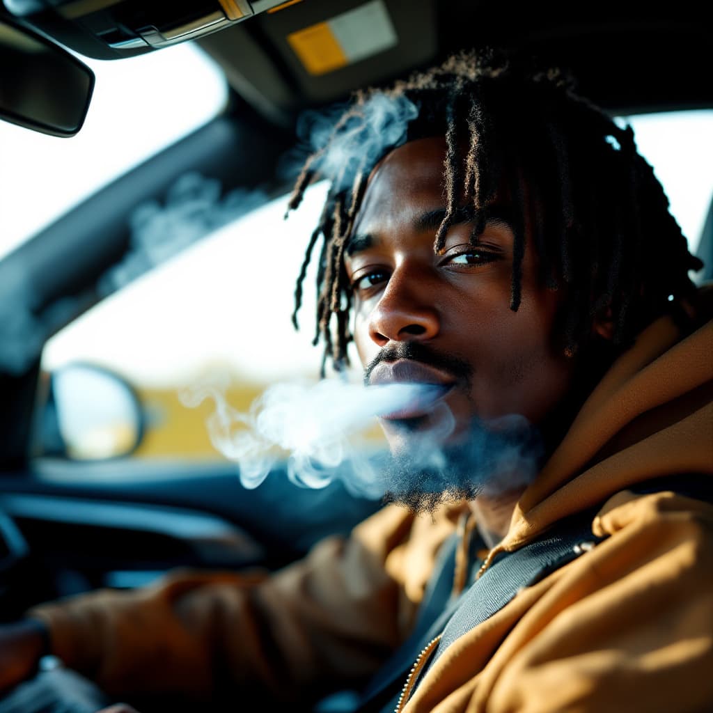 AI generated: close-up of a young man with a should level dreadlocks, cruising through the morning sun in a bmw co...