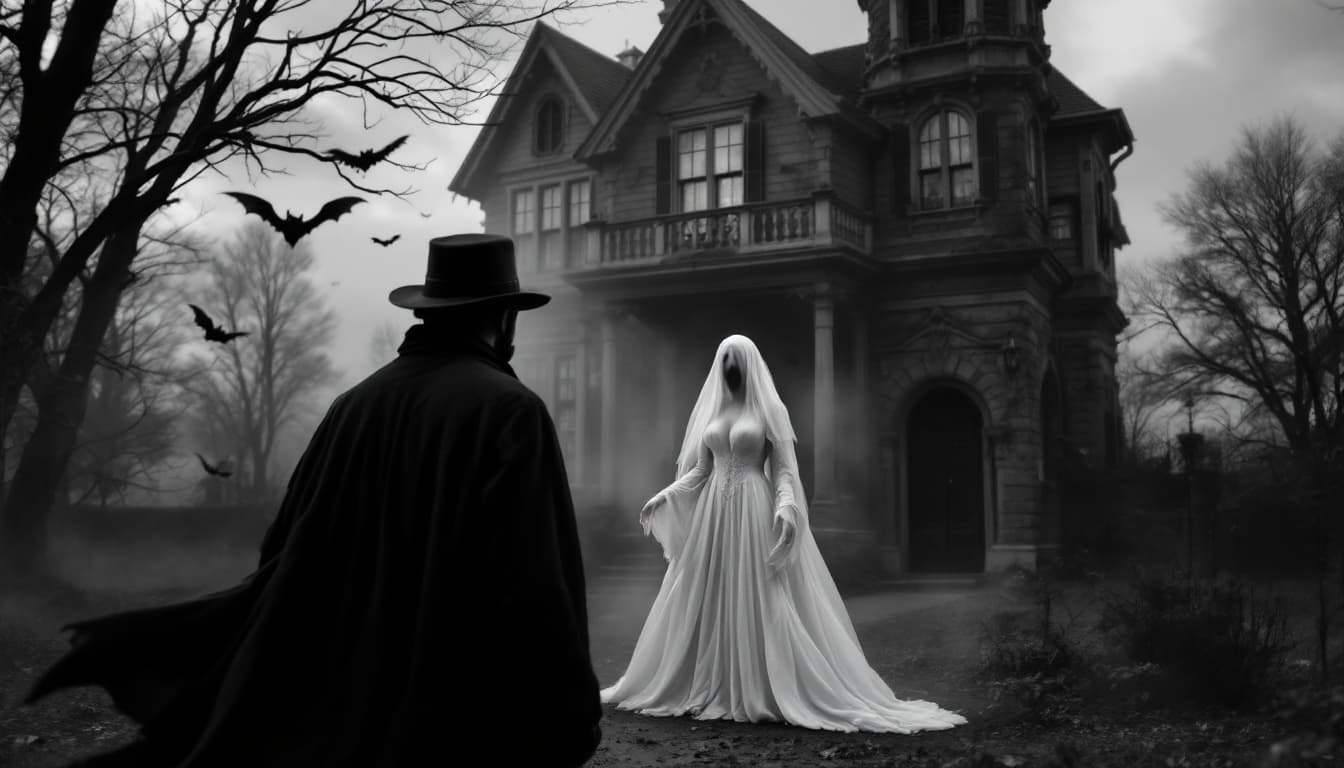 AI generated: HIGH DEFINITION - BLACK AND WHITE - camera shoots from behind the - man wearing black coat and hat a...