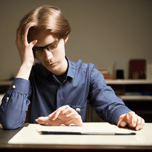 AI generated: A noble young man in his 20s, with a moderate build and long blonde hair, sits at a desk wearing a l...