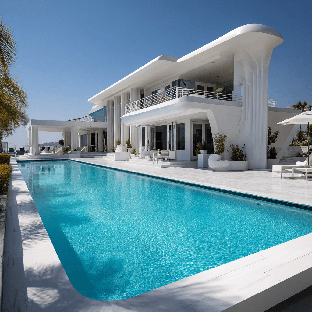 AI generated: luxurious mid-century modern mansion shaped like a sailboat, with whitewashed walls, expansive
deck...