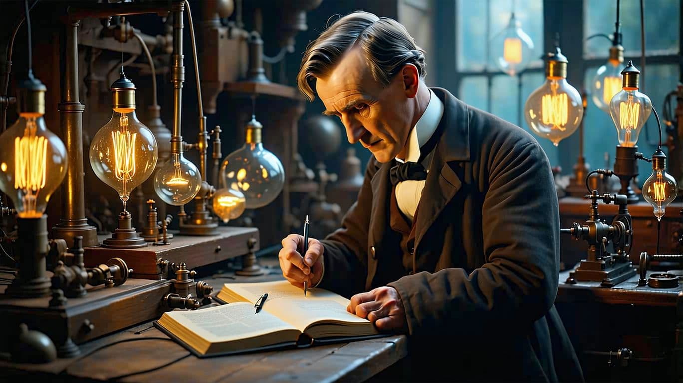AI generated: "A historical scene of Thomas Edison in his workshop, surrounded by glass bulbs, notebooks, and elec...