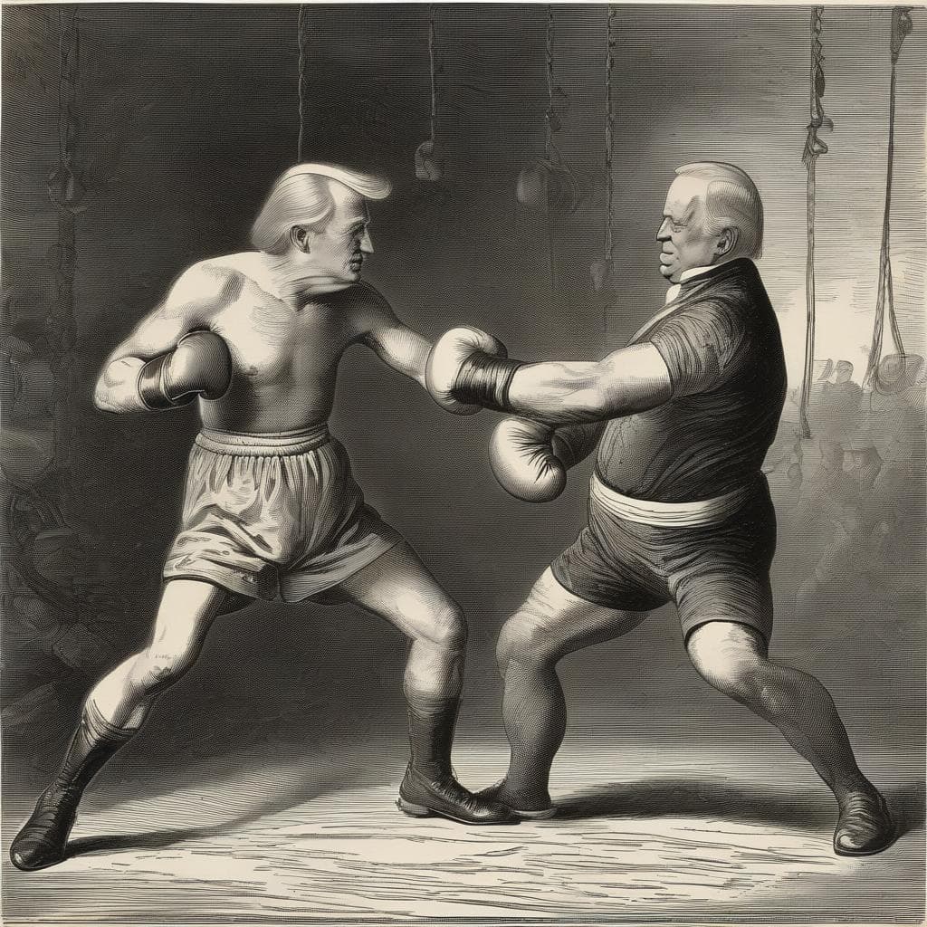 AI generated: (Joe Biden, 1.3)(Donald Trump, 1.3) boxing, A cartoon in the style of John Tenniel, Punch magazine, ...