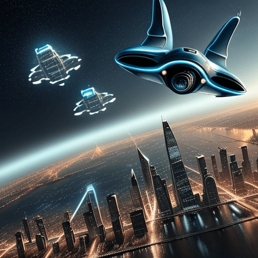 AI generated: realistic cinematographic scene of a city in the year 3000 with flying cars and the space in te back...
