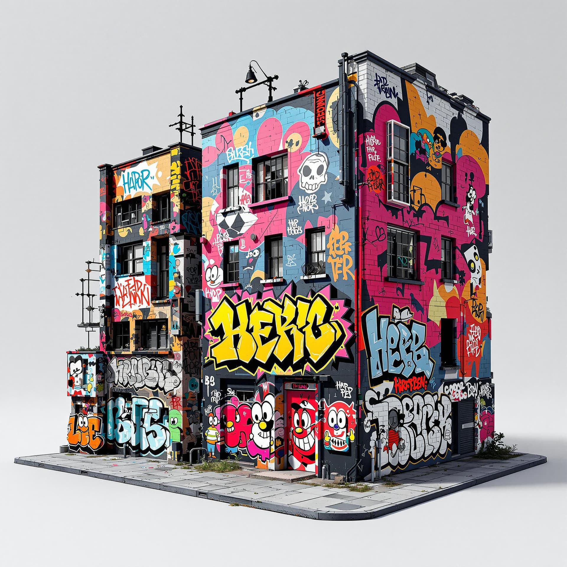 AI generated: 3d illustration hip hop graffiti urban buildings and graffiti walls
