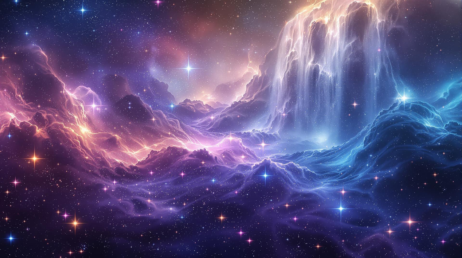 AI generated:    a waterfall landscape   in a close up view, made with nebulas the gaz,stars ,stars cluster and du...