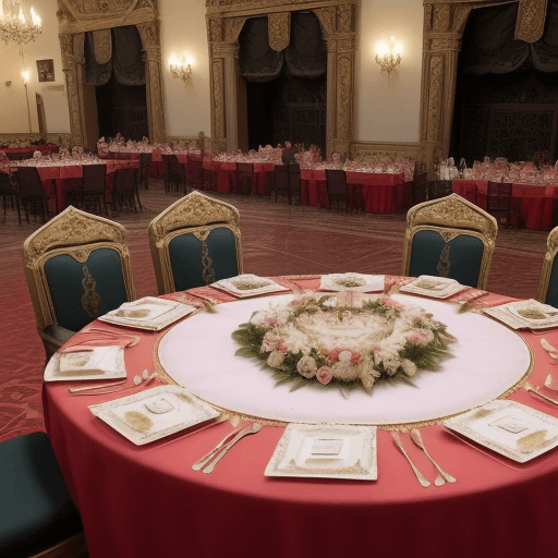 AI generated: una reina y dos reyes reciben en un banquete atendidos por sus criados
