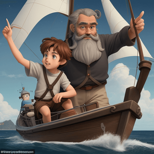 AI generated: 2 characters : A little boy name Luca with brown hair, Pixar style, on a big sailing boat with an ol...