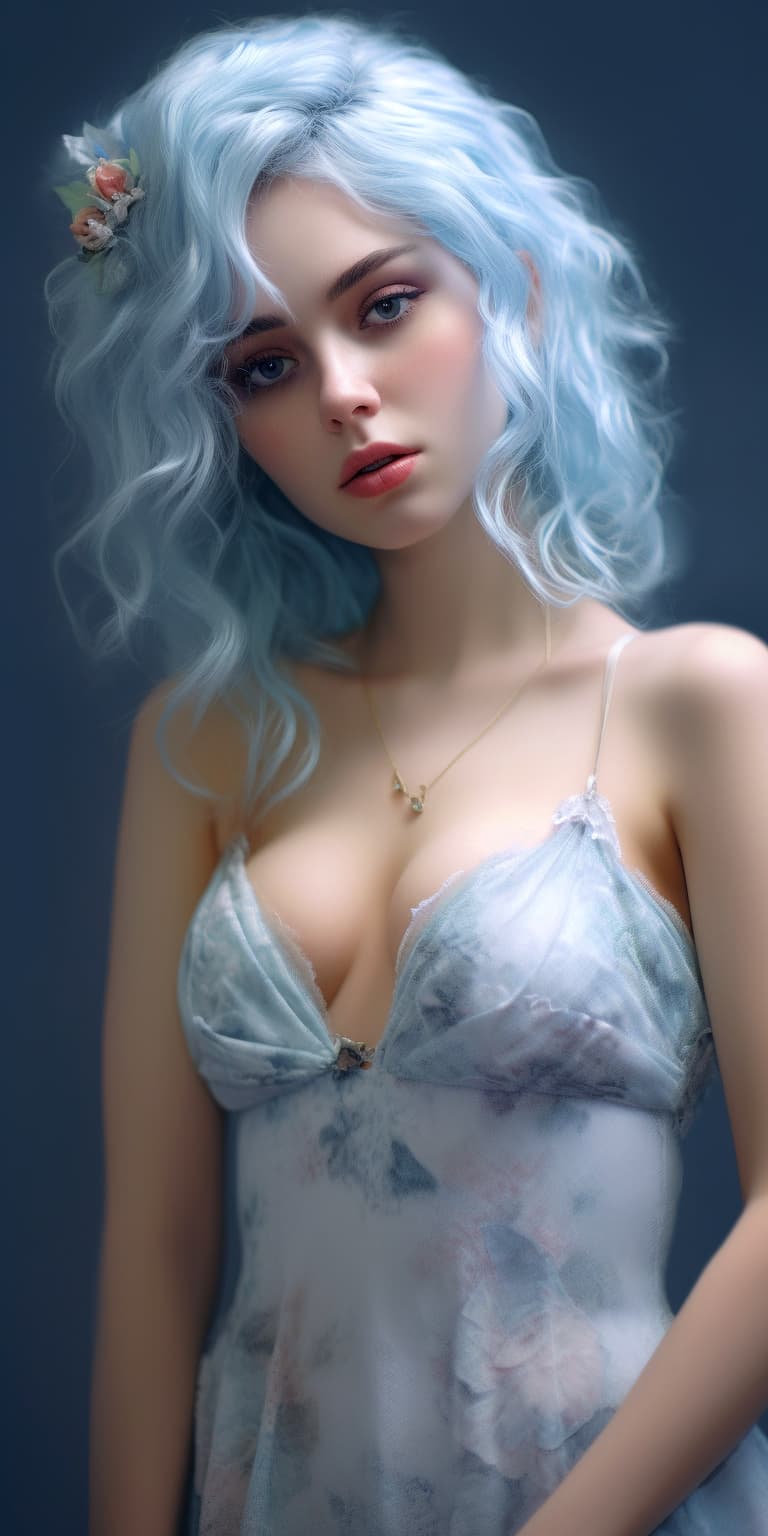 AI generated: A cute girl wearing light blue hair in a light blue lace dress, in the style of hyperrealism and pho...