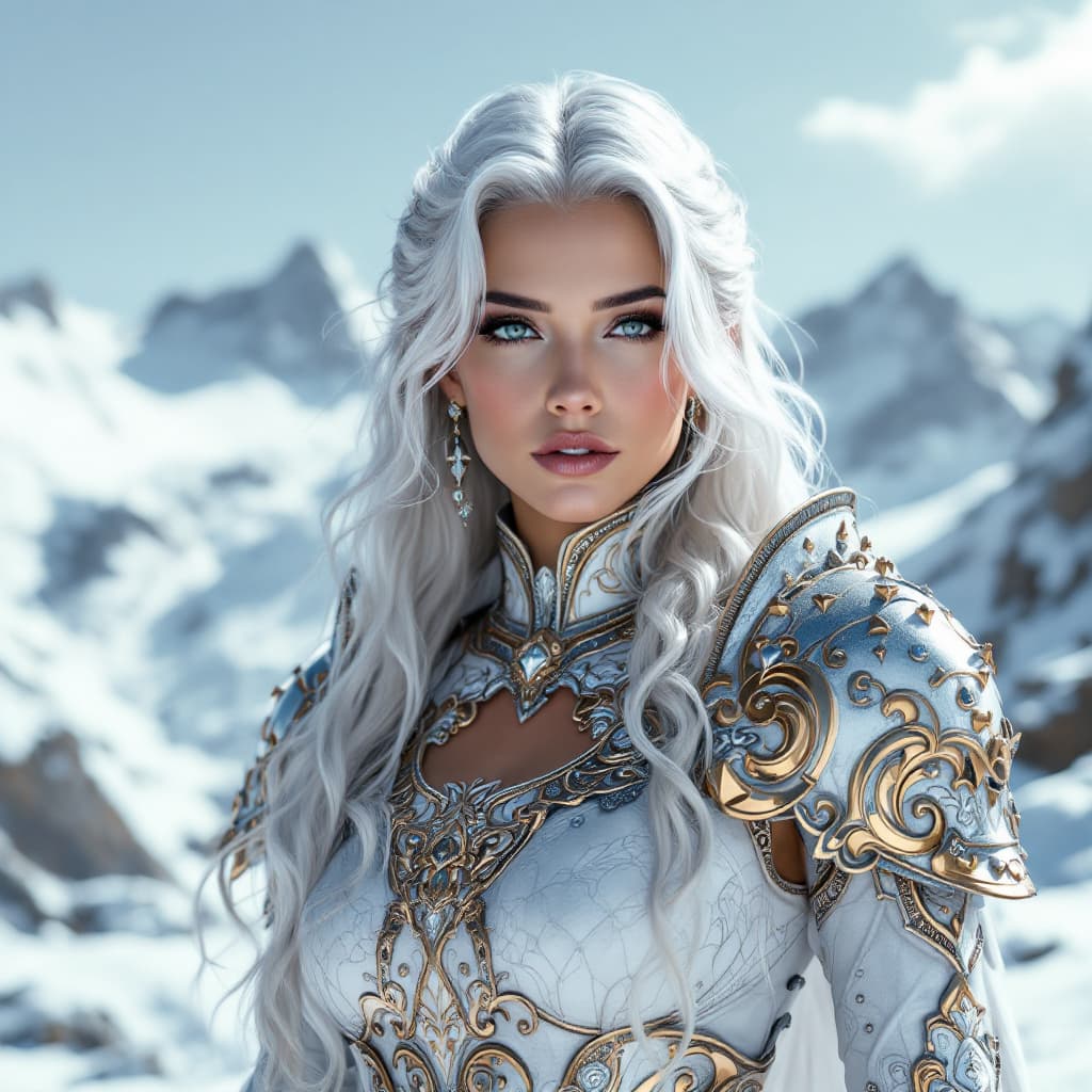 AI generated: A woman with long, white hair styled in loose waves, wearing elaborate silver and gold armor adorned...