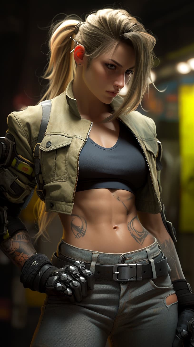 AI generated: Mortal Kombat Sonya Blade, military uniform outfit, cyberpunk, outdoor, street, royal blue, hyperrea...
