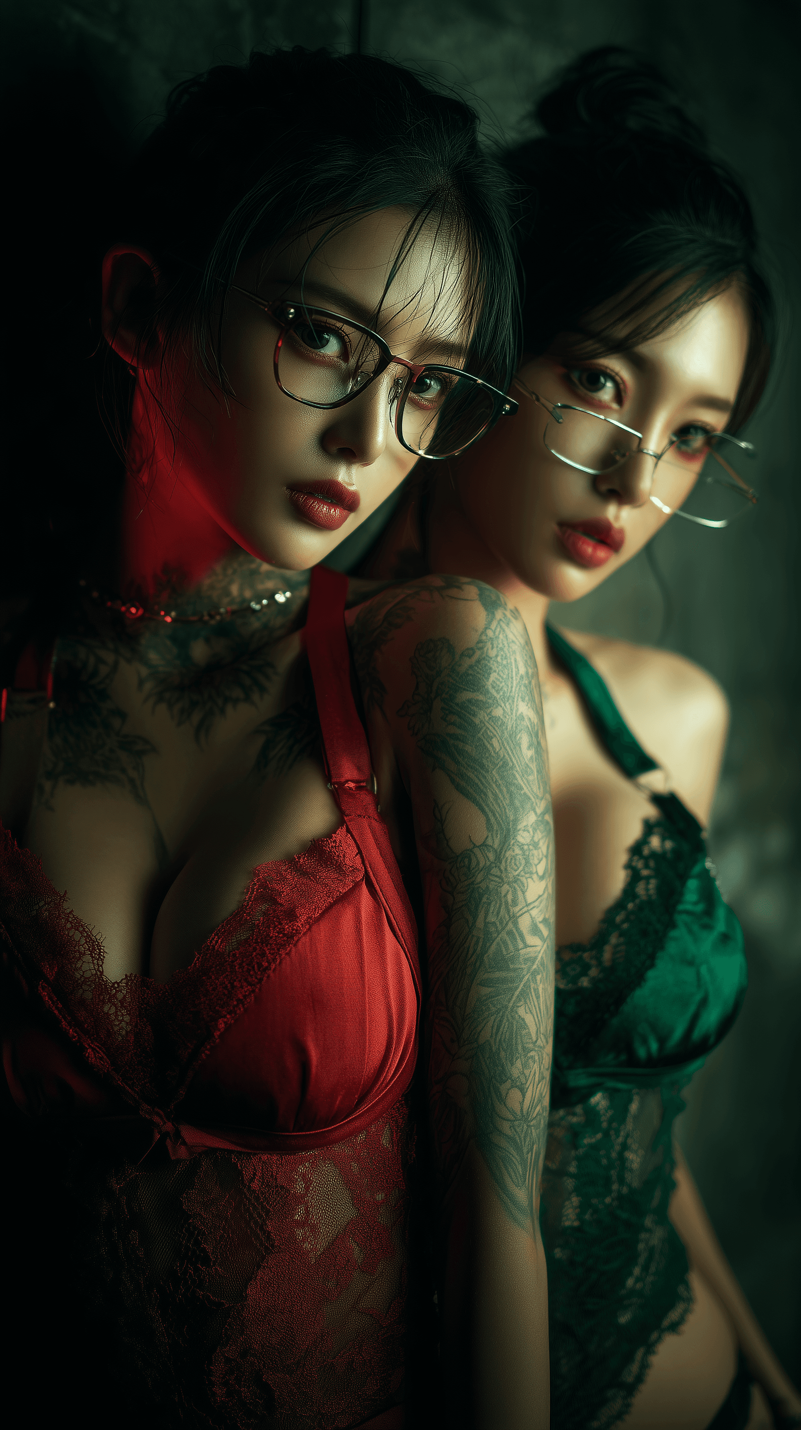 AI generated: Two young Korean woman, wearing glasses with deep neckline, covered in dark tattoos and stunning eye...