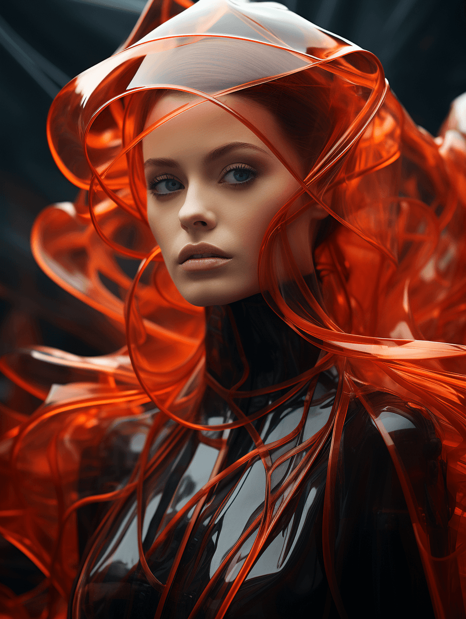 AI generated: Serious female model, looking diagonally, dressed in extravagant and vanguardist clothing, plastic a...