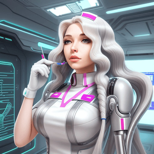 AI generated: Futuristic nurse, platinum wavy hair, taking care of bionic