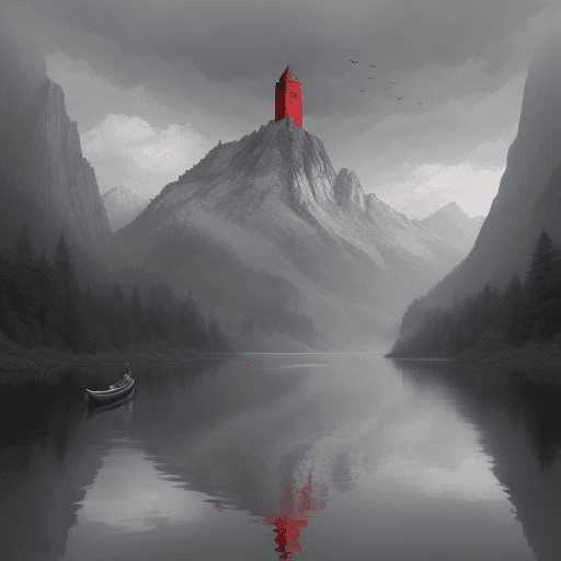 AI generated: 1 person in red is sitting in a boat on the river, the river is beside a mountain, there is a tower ...