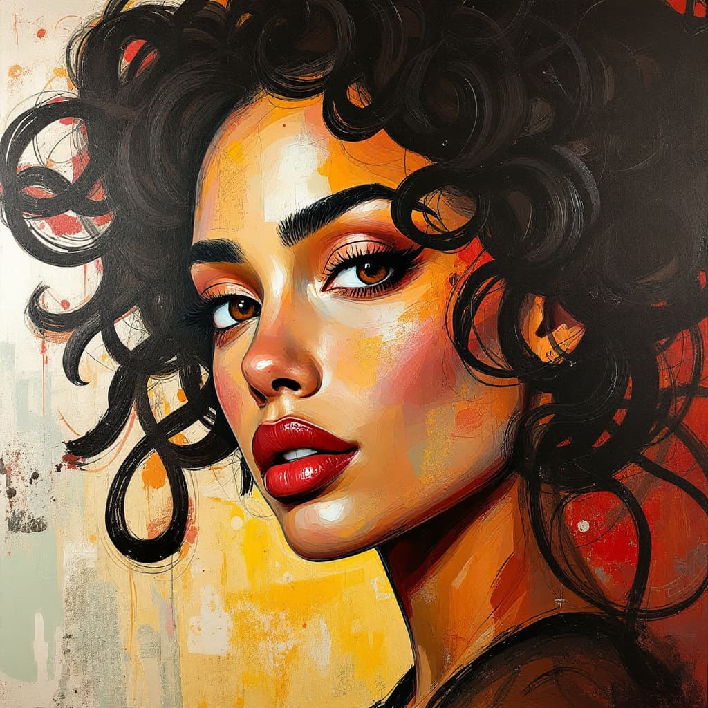 AI generated: abstract painting of a Latina
 woman with hazel brown, hair, in the style of afro 
coil curls, Pablo...
