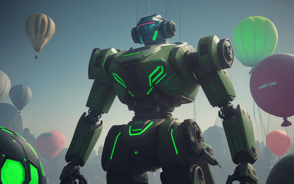 AI generated: a great robot , stands after the battle, looking into the distance, on top of a bunch of balloons ,i...
