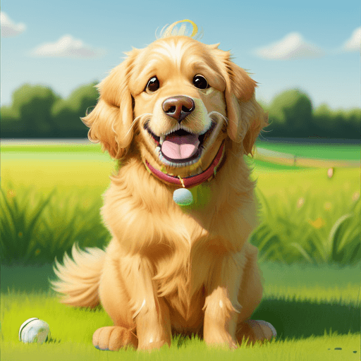 AI generated: Pixar caricature style, golden retriever, sitting in field, eating tennis ball, realistic 