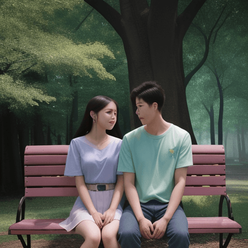 AI generated:  color photo of a couple represented by ethereal auras, showcasing their love, sitting on a bench in...