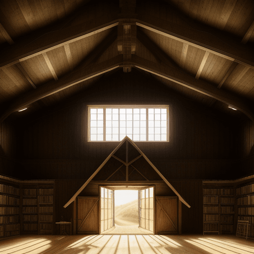 AI generated: barn house library, photorealistic, canon EOS 5d, minimalistic medium scale barn house library, curv...