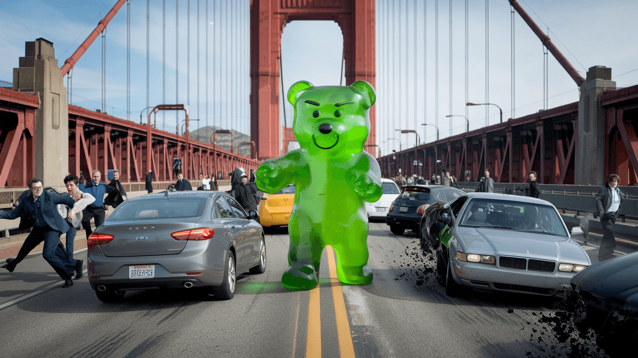 AI generated: Green Enormous sized Gummy Bear disrupts the traffic at the Golden Gate Bridge, destruction and pani...