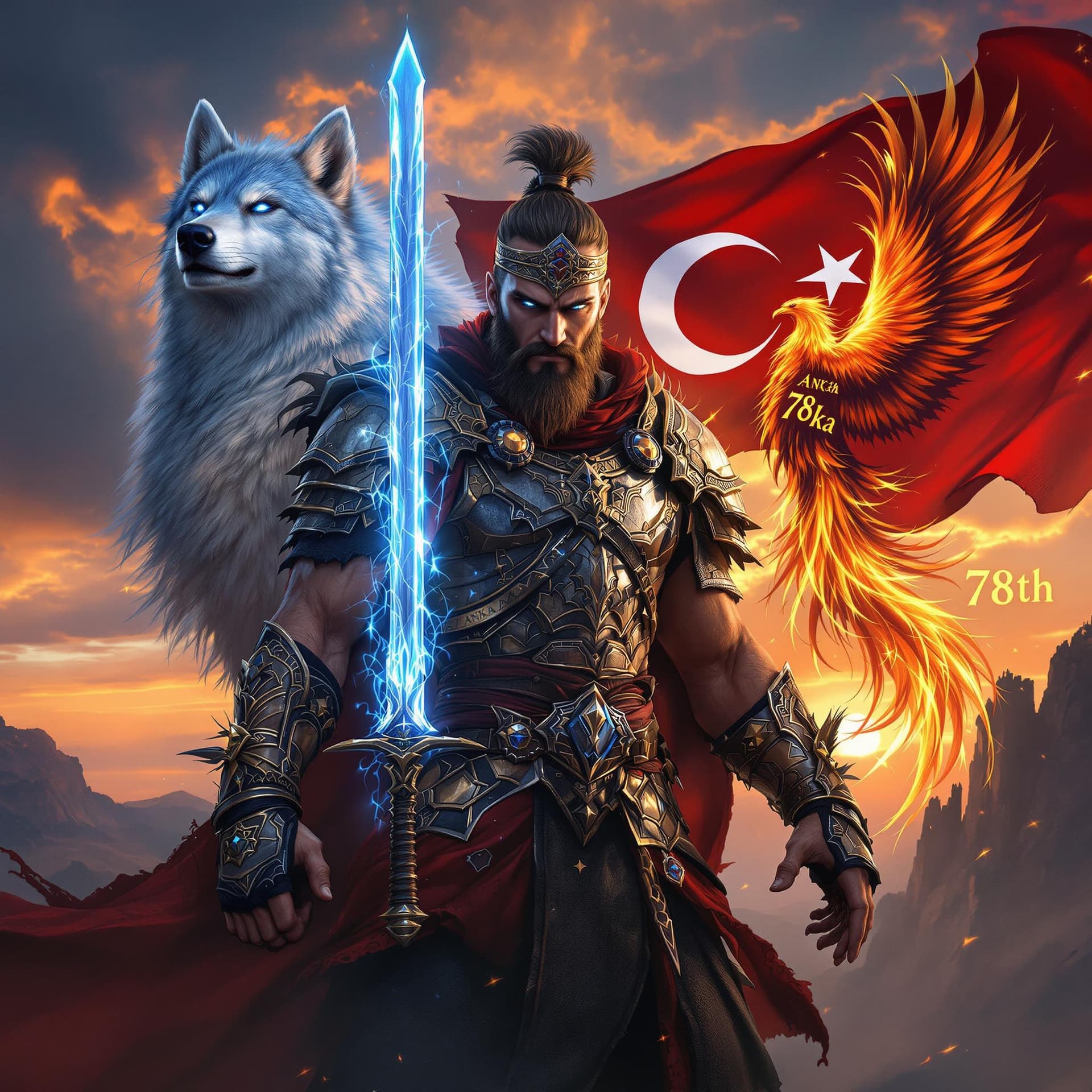 AI generated: A fierce Turkish warrior clad in traditional armor inspired by ancient Turkish mythology, holding a ...