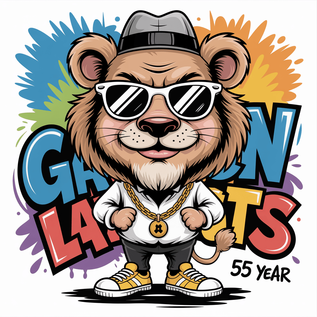 AI generated: funny caricature, gangster lion character caricature, elderly canadian male, 55 years old, slick fur...