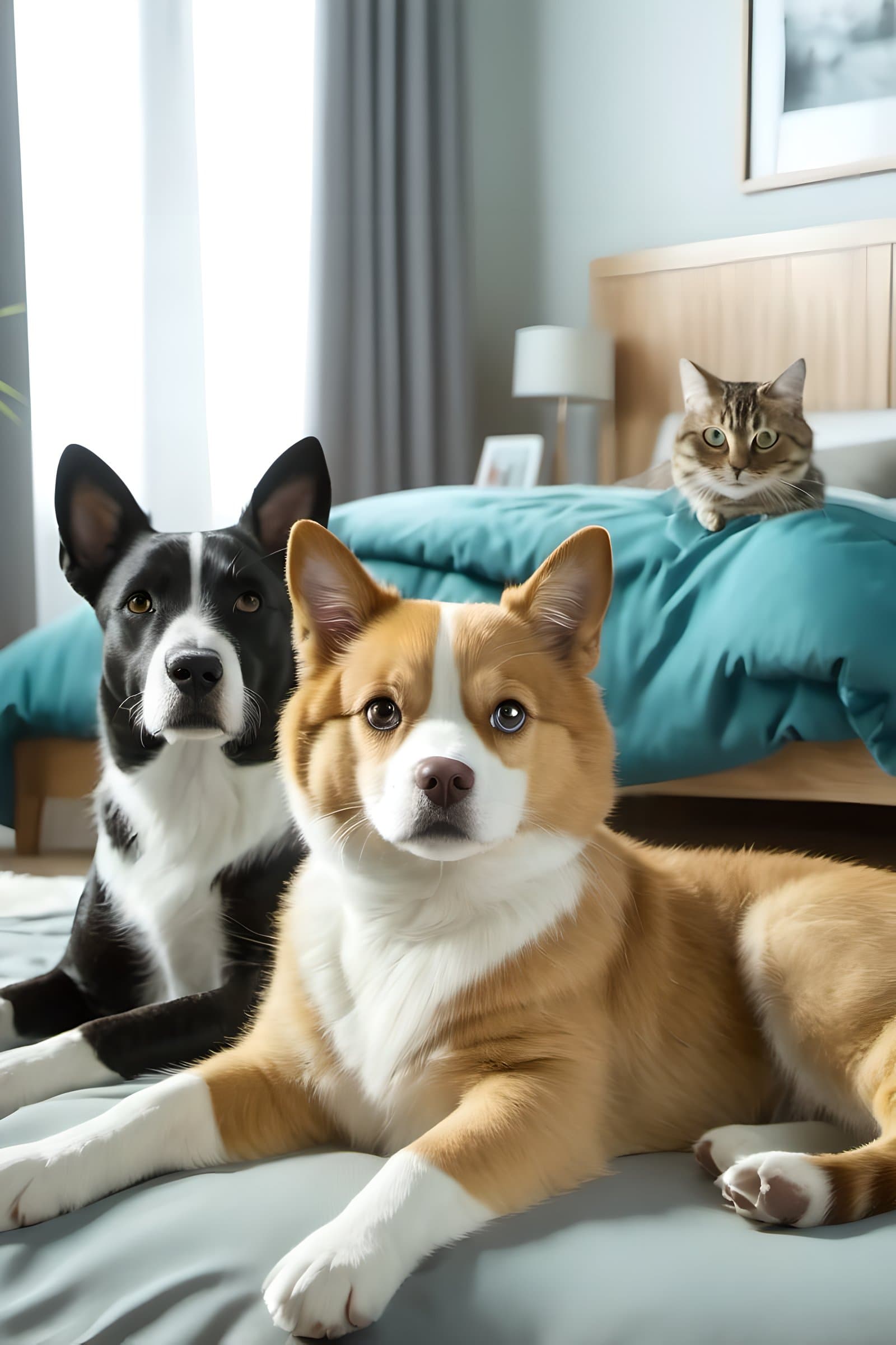 AI generated: (Group of Pets:1.3), (lying on the bed:1.2), (cozy bedroom in the background:1.3), stock photo Pets,...