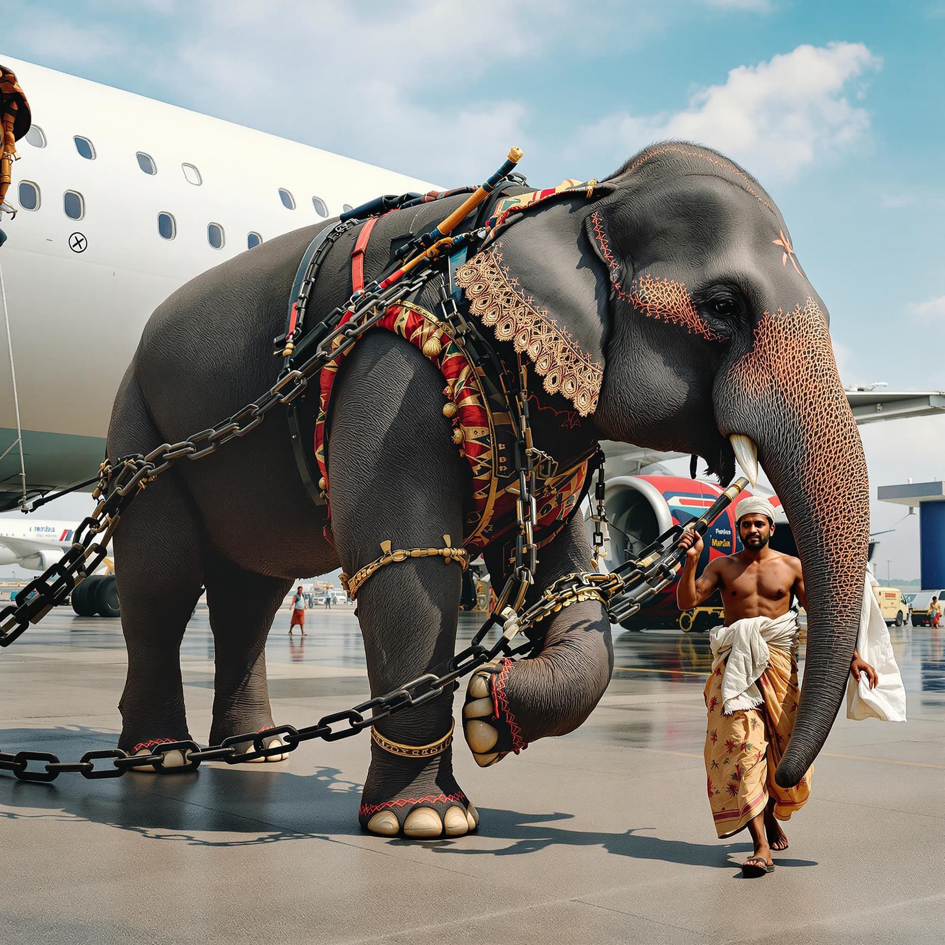 AI generated: Photo of a ultra realistic  Indian elephant pulling a passenger flight in an Indian airport. A chain...