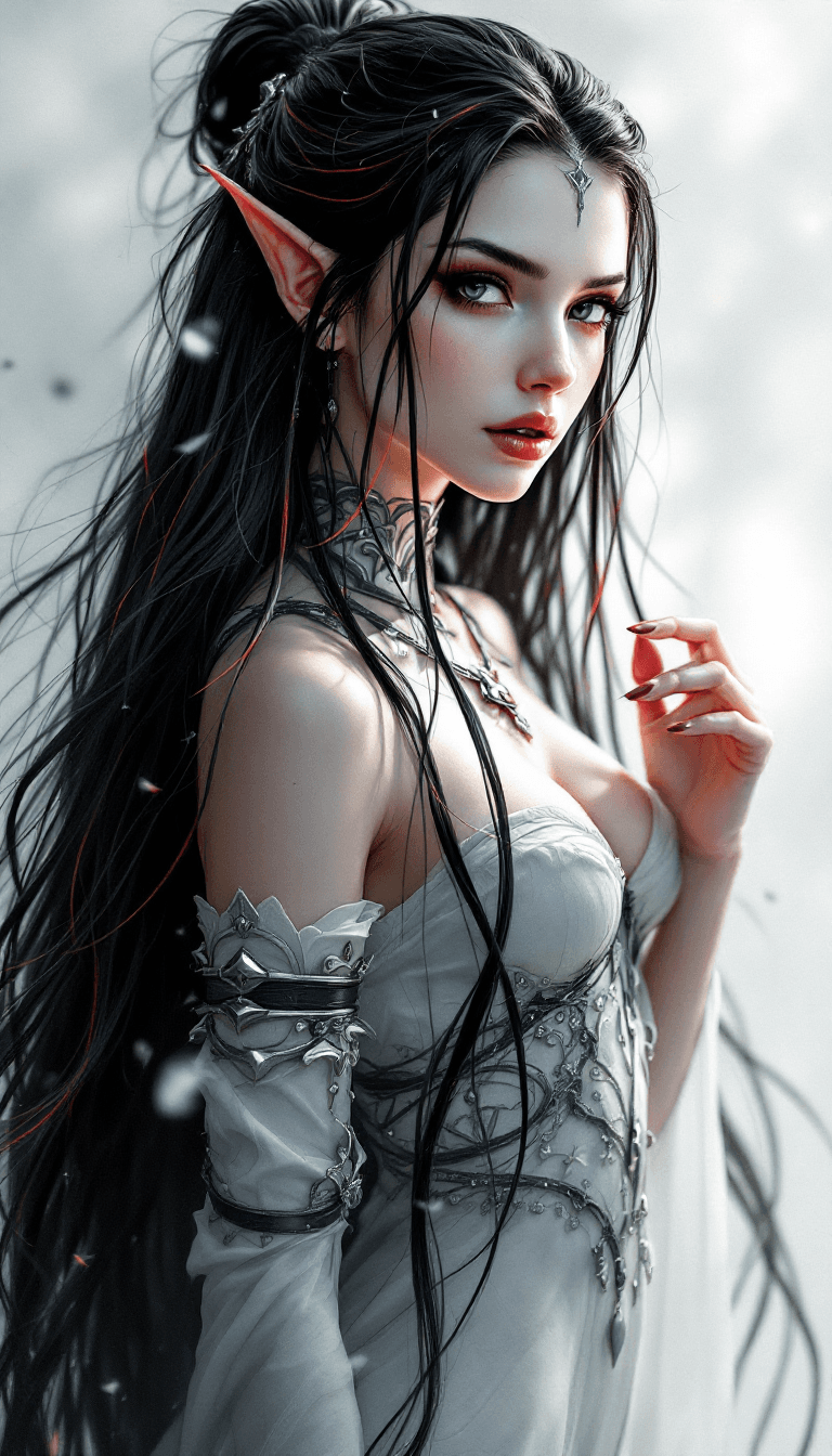 AI generated: Full body pose of elf female, Long black hair with red & silver highlights in her hair, intricate de...