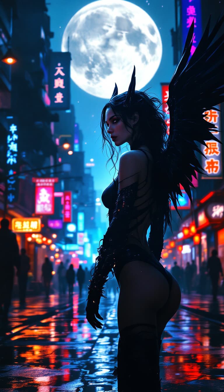 AI generated: epic fantasy character art, woman in a black outfit with wings, city street at night, illuminated by...