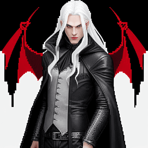 AI generated: pixel art (1.1)a illustration of vampire king , white hair, long velvet cloaks in black or red, or a...