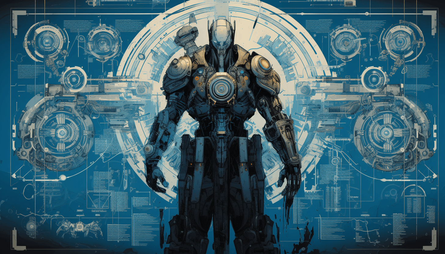 AI generated: a blue print of a set of a full body drawing of a futuristic cyborg with heavy weapons with writing ...