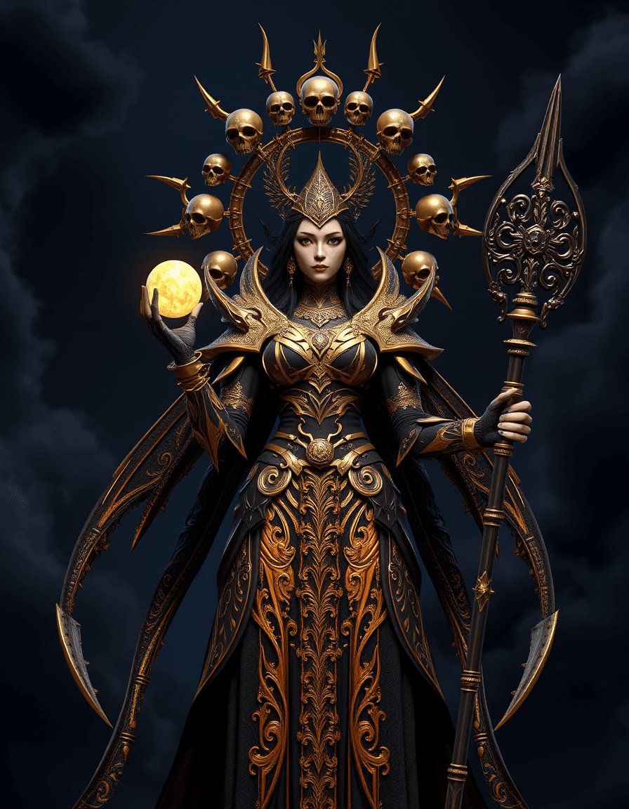 AI generated: A 3D render of a dark fantasy scene with a central female figure. She is adorned with intricate gold...