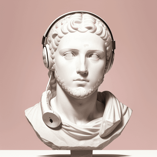AI generated: Plaster head of David, white Marshall headphones, on Doric order, pink background --ar 4:5 --q 2