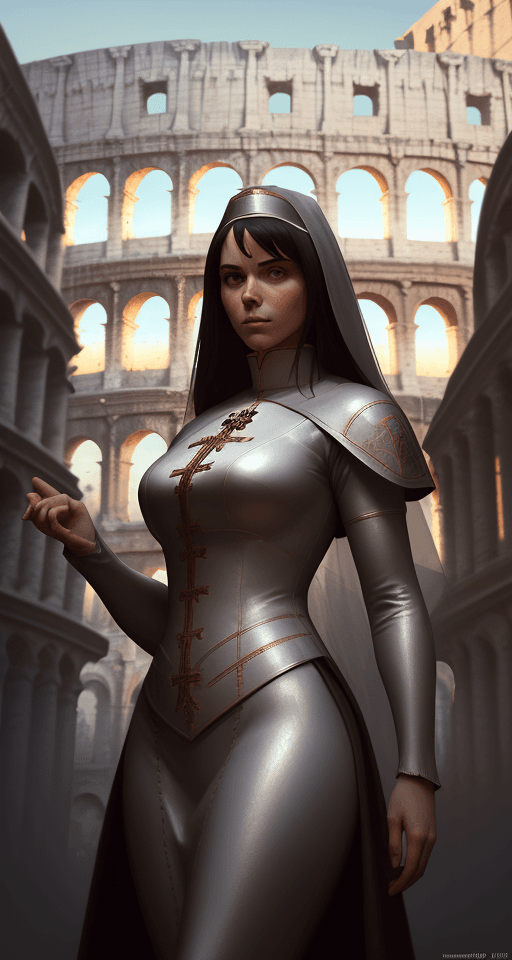 AI generated: a portrait of woman, wearing a a priest's suit, italy rome Colosseum background,
concept art by Mand...