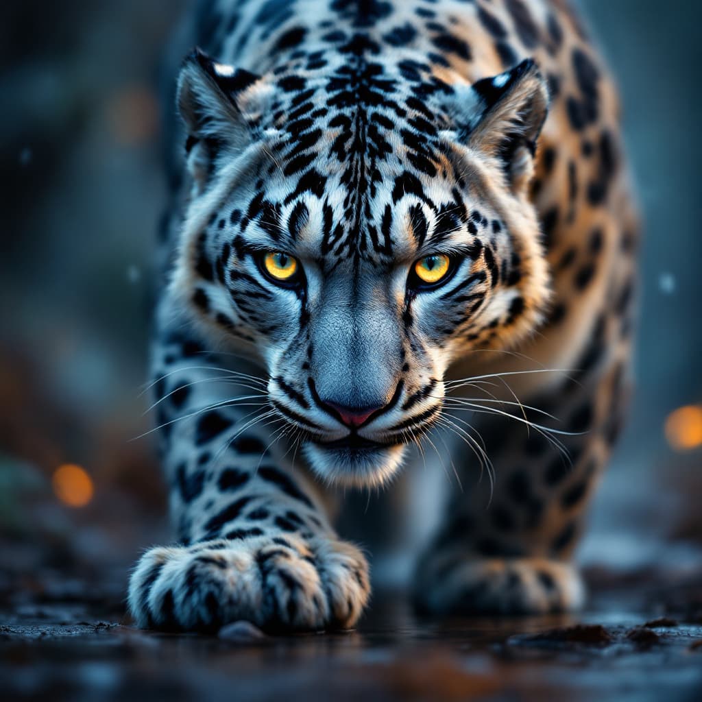 AI generated: The psychedelic, surreal, image captures an intense close-up of a snow leopard dancing toward the vi...