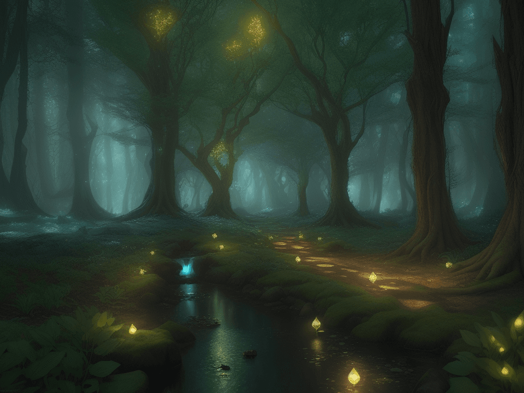 AI generated: Magical fresh fairy tale forest landscape, background with glowing lights, hyper realism, fantasy, r...