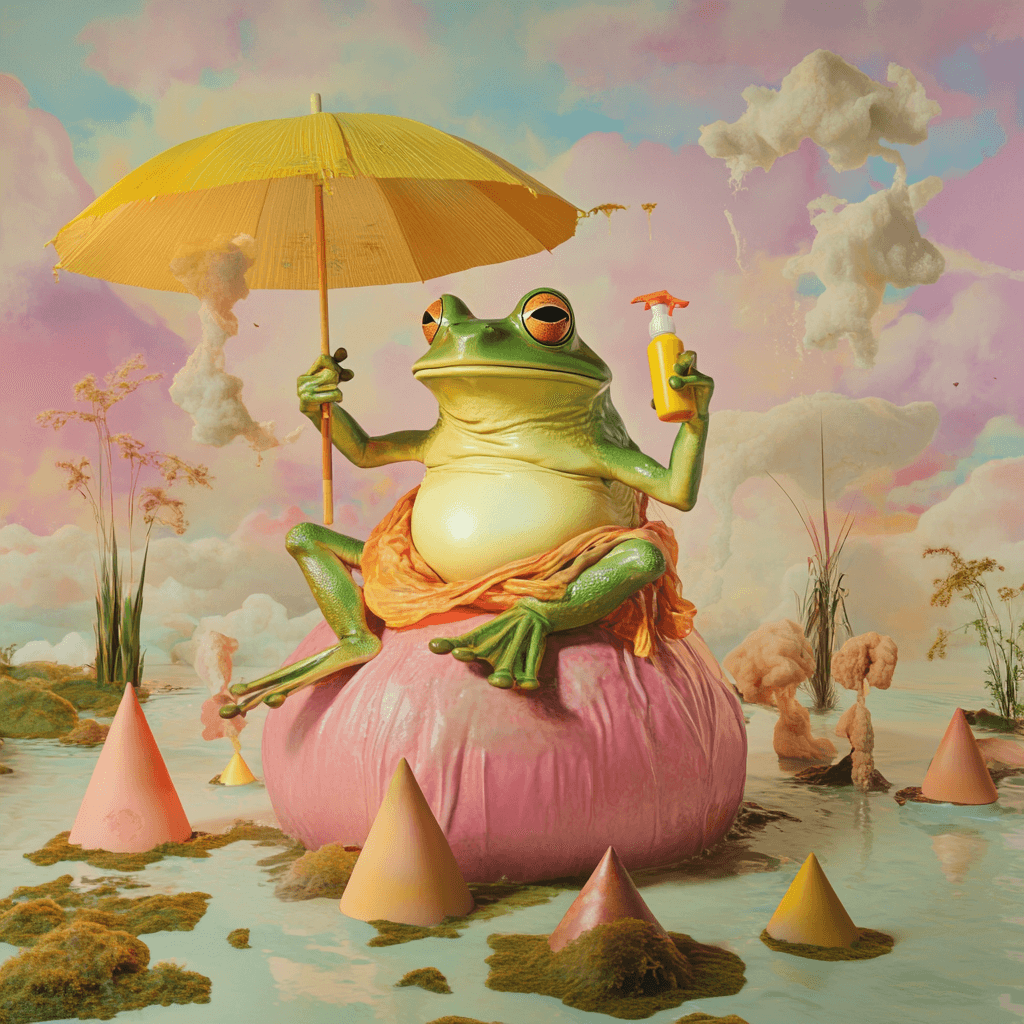 AI generated: A surreal scene featuring a large, green, anthropomorphic frog with a calm expression, sitting on a ...