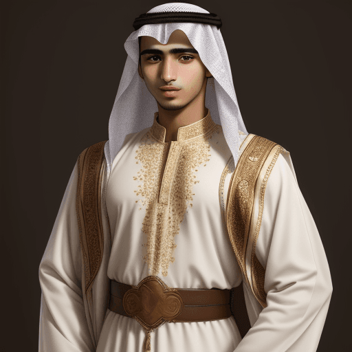 AI generated: A twenty-year-old Arab man, wearing old Arab dress, of strong stature, and brown eyes