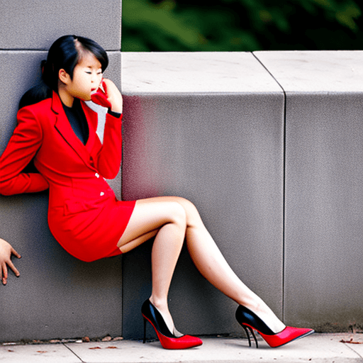 AI generated: A girl leaning on wall in park, wear red one-piece suit and black heels