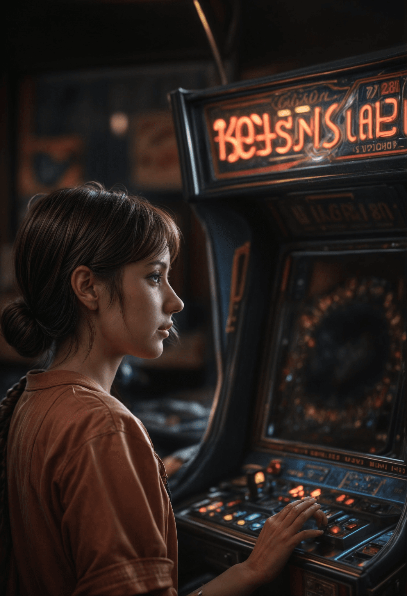 AI generated: the year was 1984.. we were young,Arcade Game Hall, friends, love, trending on artstation, sharp foc...