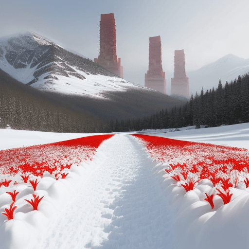 AI generated: Snow scenery, red flowers lilies, snow road, Two big towers in the horizon