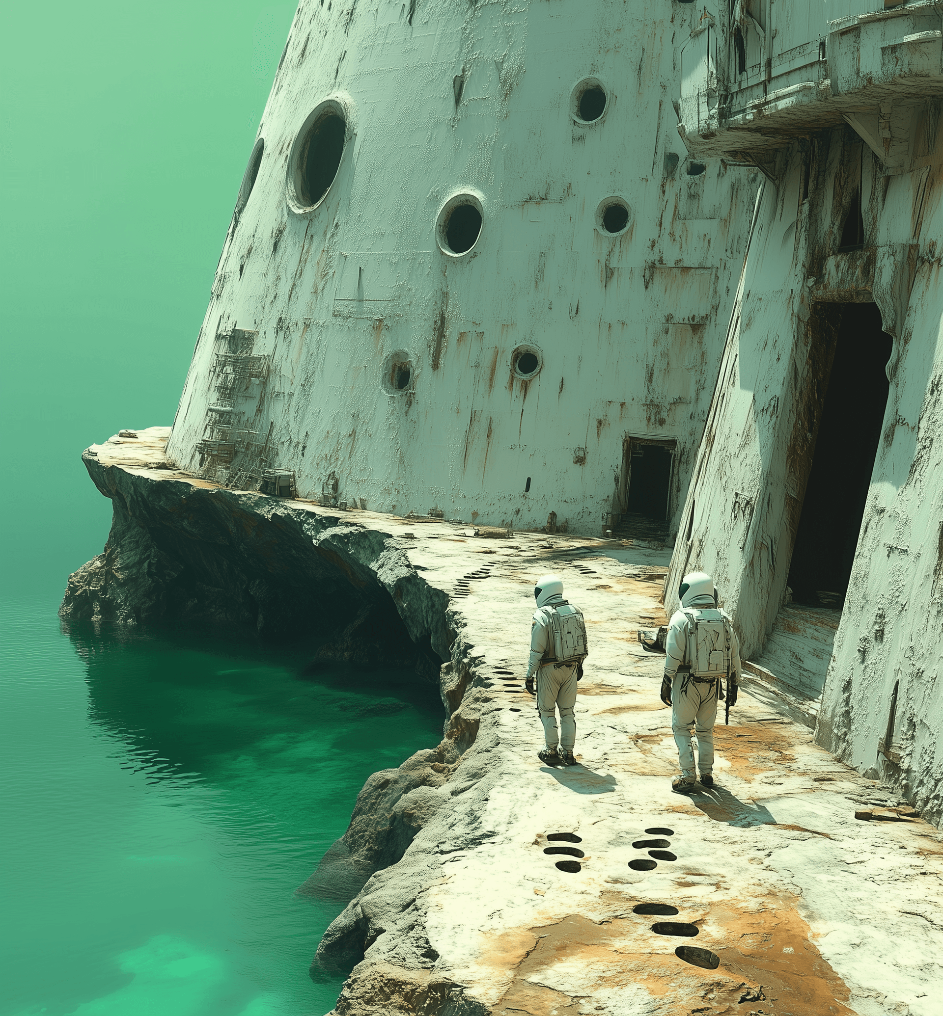AI generated: Two astronauts walk on the surface of an alien planet, one holding a visualization device, There's a...