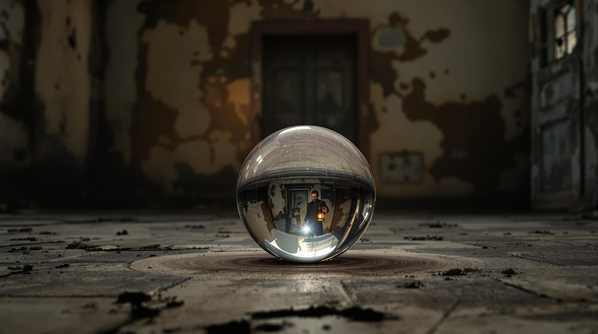 AI generated: An abandoned old building. In the centre of the floor there is a magic ball. Behind the ball there i...
