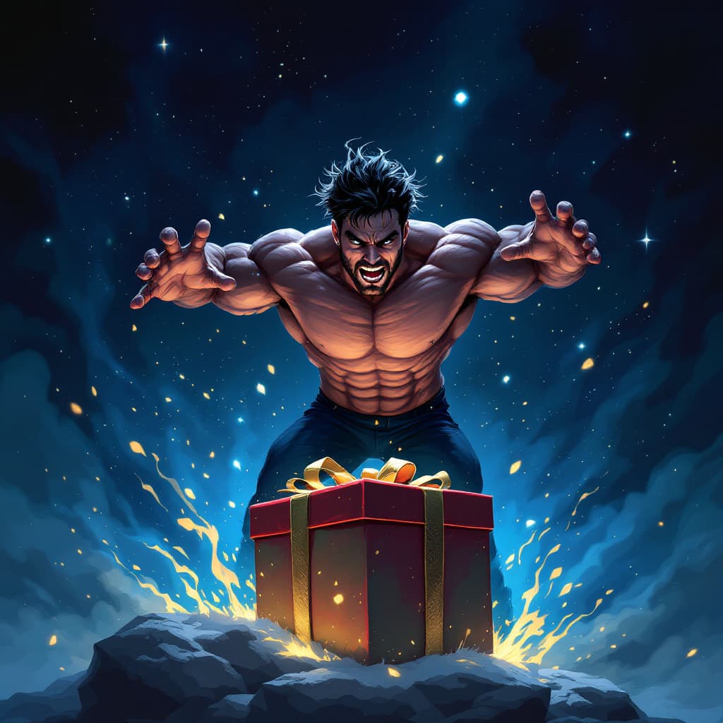 AI generated: muscular man  trapped in a gift box