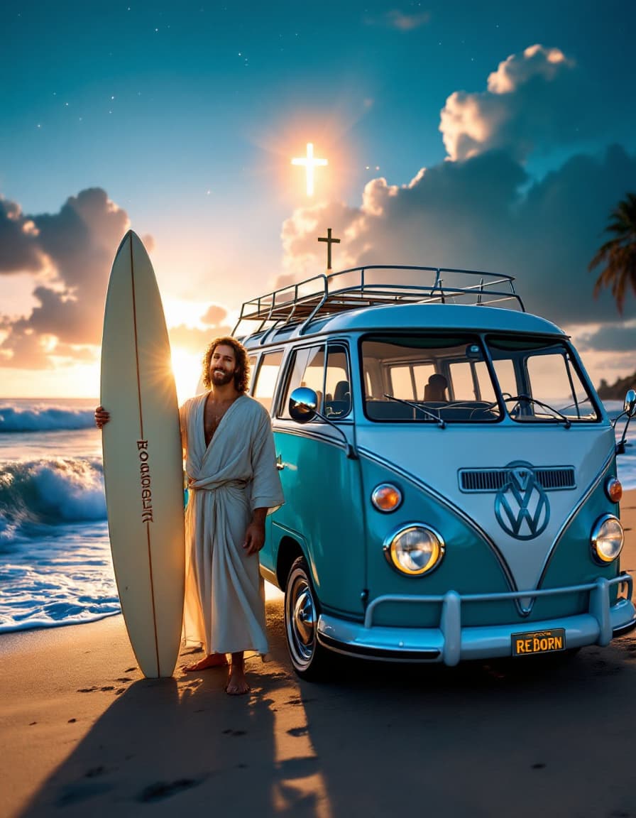 AI generated: An Hyper realistic  ethereal, black and white, image lighted portrait view of a vw classic blue and ...