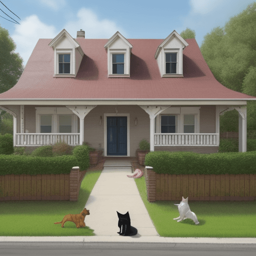 AI generated: house with person in front with a dog and a cat next to them. The house has a big sign that says "FO...