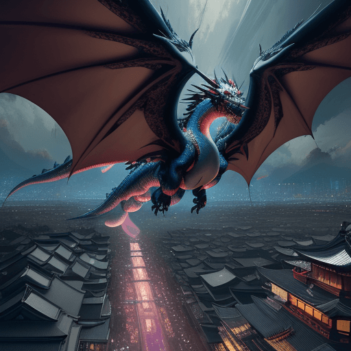 AI generated: Kyoto Animation stylized anime mixed with tradition Chinese artworks~ A dragon flying at modern cybe...