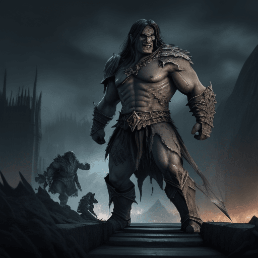 AI generated: Talion vs orcs, at night, Sauron with orcs, Alliance of humans, on the bridge.