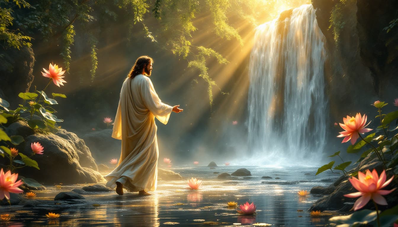 AI generated: jesus surrounded by divine light in a medieval  fantasy world walking beside waterfall imeditating i...